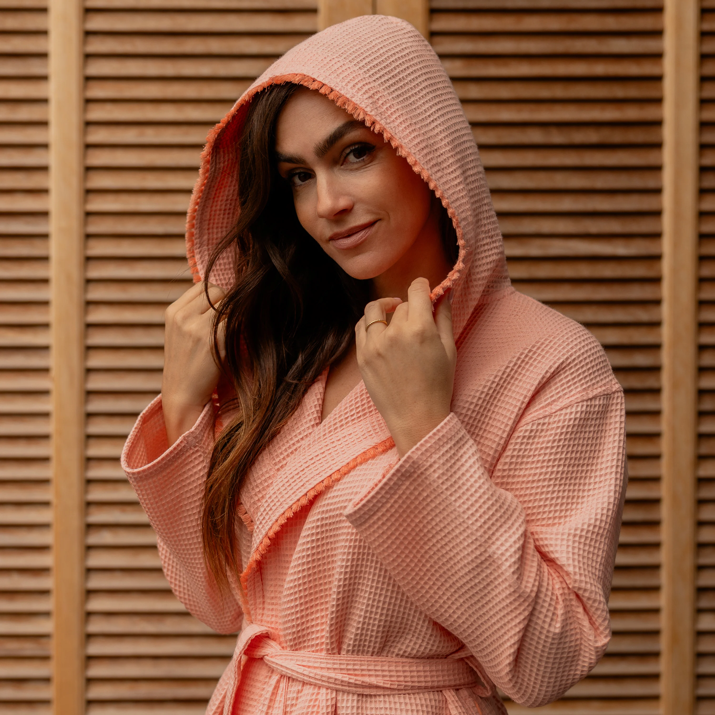 Palmelis Women's Hooded Cotton Bathrobe - Peach - Image 5